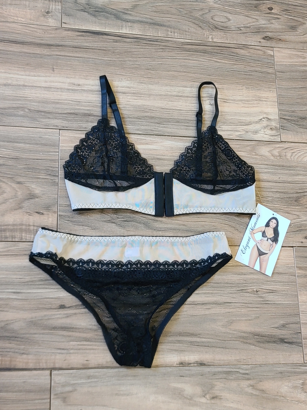 NWT Elegant Moments 2 Piece Lace Lingerie Set Small Nude Black Sheer